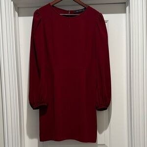 Zara Burgundy Long-Sleeve Puff-Shoulder Shift Dress